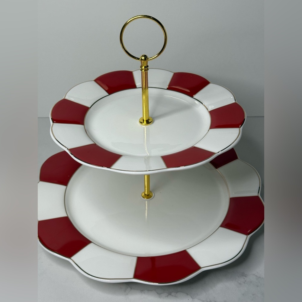 Grace Teaware Scolloped  Red Stripe 2 Tier Tidbit Serving Tray New